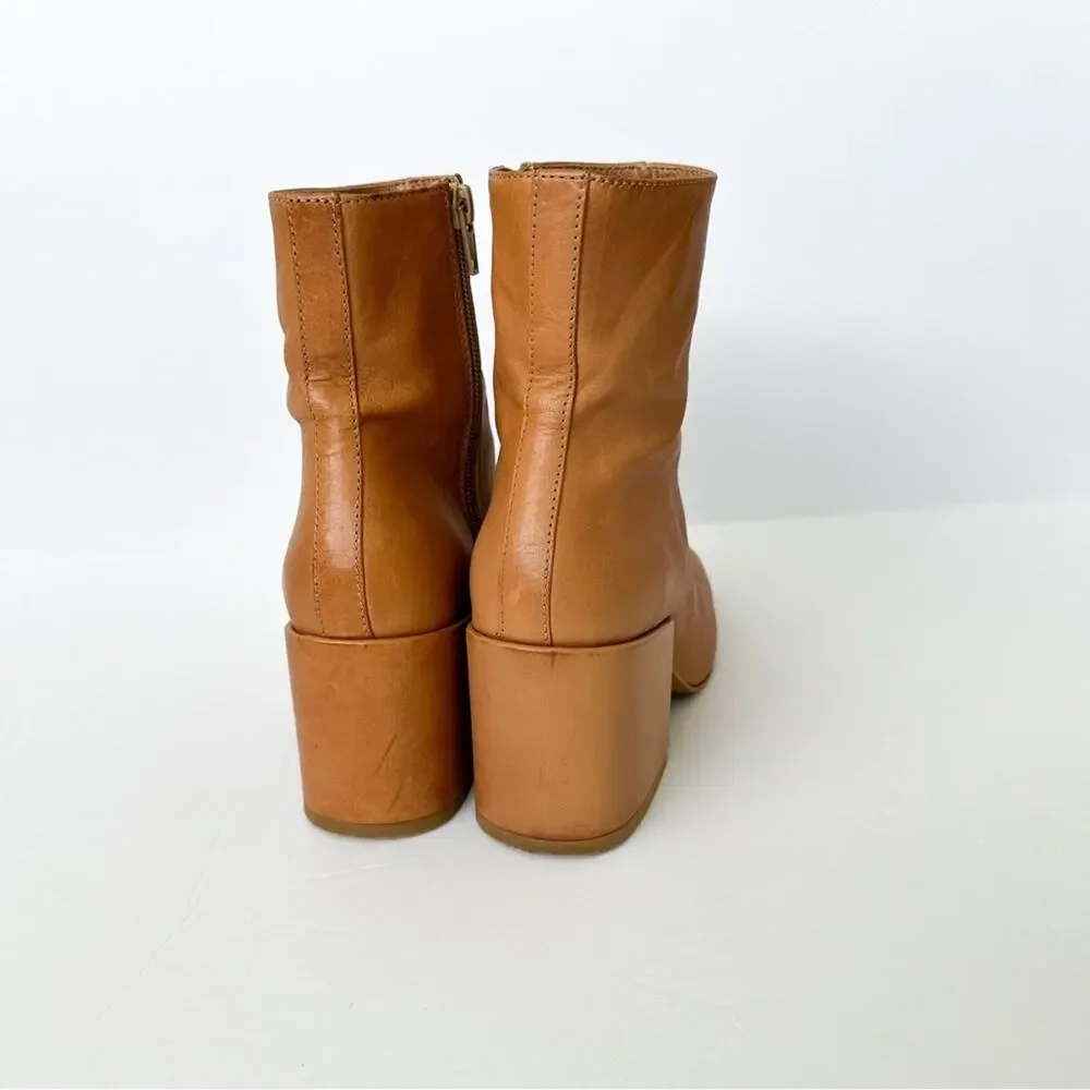 Free People Nicola Chunky Leather Booties SZ 6/36 Tan Block Heel Ankle Boots Zip - Picture 7 of 12